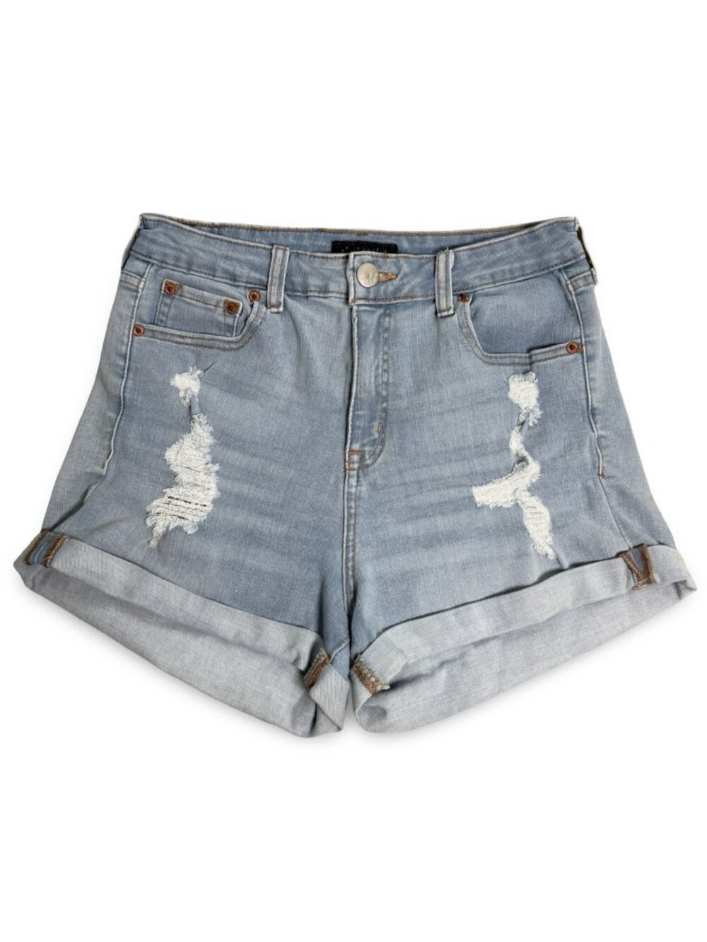 Aeropostale 'High Rise Curvy Midi' Jean Shorts Womens‎ 12 Blue Distressed Cuffed